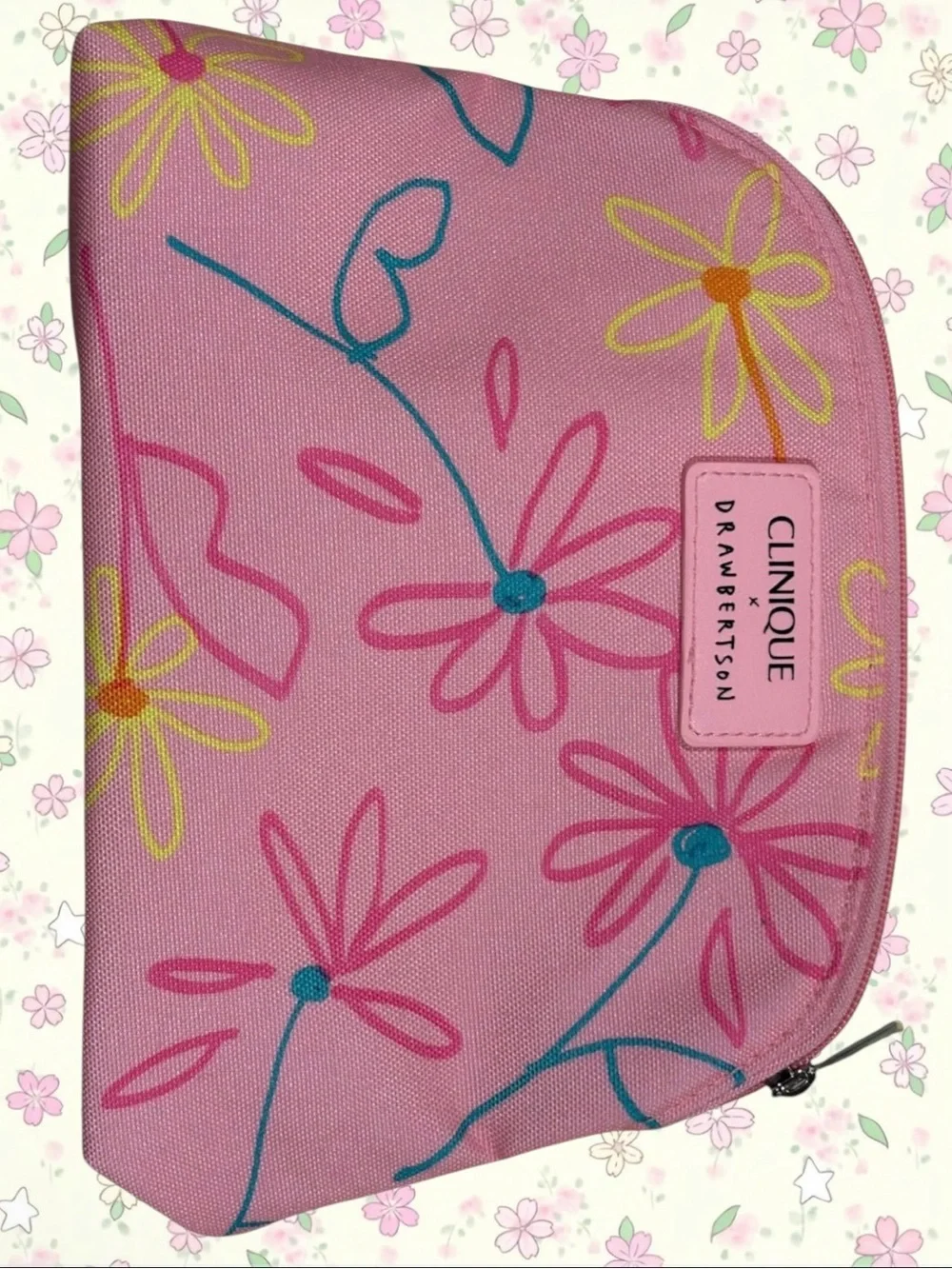 NWOT Clinique x Drawbertson Pink Floral Cosmetic Pouch